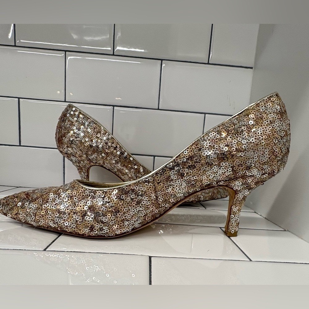 Gold Leather Sequin Heels Size 7.5